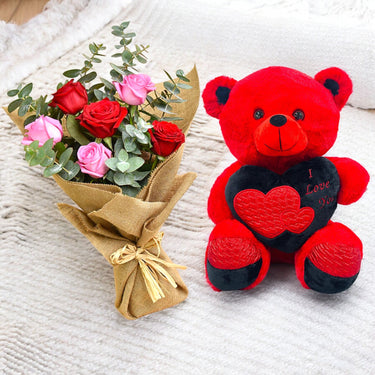 Red and Pink Roses with 'I Love You' Teddy Bear